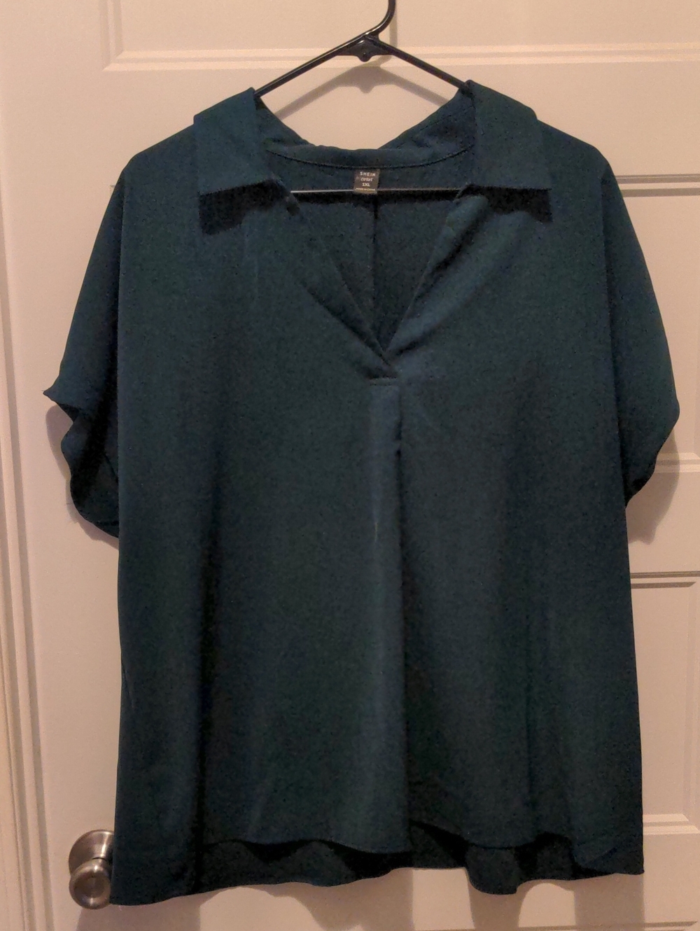 SHEIN Curve Teal Green Collared V-Neck Dolman Short Sleeve Blouse 1XL